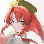  1girl blue_eyes braid braided_sidelocks commentary green_hat green_vest hat hat_ornament highres hong_meiling long_hair looking_at_viewer makita_(vector1525) puffy_short_sleeves puffy_sleeves red_hair short_sleeves simple_background smile solo star_(symbol) star_hat_ornament touhou upper_body vest white_background 