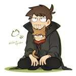  2boys aged_down animal_ears artist_name beard black_coat blacknyanko brown_hair cat_boy cat_ears cat_tail child chinese_commentary coat commentary_request edd_(eddsworld) eddsworld extra_ears facial_hair future_edd_(eddsworld) hair_ears highres hood hood_down hoodie jitome kemonomimi_mode looking_at_viewer male_focus multiple_boys red_hoodie short_hair simple_background sitting tail time_paradox tord_(eddsworld) trench_coat whiskers white_background 