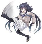  1girl bags_under_eyes black_hair black_pantyhose black_sweater blue_archive blue_eyes blue_hairband blue_neckerchief bookshelf brown_cardigan brown_slippers cardigan clenched_hand commentary_request crossed_bangs cup grey_halo hair_between_eyes hair_ribbon hairband halo high_kick highres inkwell jewelry jitome kicking kurona layered_sleeves long_hair long_sidelocks long_sleeves looking_ahead low_twintails messy_hair mug neckerchief necklace off_shoulder open_clothes open_mouth pantyhose ribbon school_uniform serafuku sidelocks sitting slippers smear_frame smile solo sweat sweater turtleneck turtleneck_sweater twintails ui_(blue_archive) v-shaped_eyebrows very_long_hair white_background white_serafuku wide-eyed 