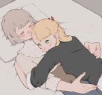  2girls absurdres black-shirt blonde_hair closed_eyes closed_mouth commentary_request cuddling dungeon_meshi elf falin_touden falin_touden_(tallman) green_eyes grey_hair highres hug long_hair marcille_donato multiple_girls on_bed pillow pointy_ears short_hair smile tbjj1208 yuri 