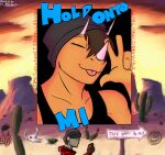 anthro arrow_sign beanie black_clothing black_shirt black_tank_top black_topwear bone brown_hair cactus cellphone ceratopsian ceratopsid chasmosaurine clothed clothed_anthro clothed_female clothed_human clothed_male clothing cloud colored cutaway day desert dinosaur electronics english_text evening eyes_closed facial_horn female fingers gesture hair hand_gesture hat headgear headwear hold_onto_mi holding_cellphone holding_object holding_phone holding_smartphone hoodie horn human humanoid_hands joebamna looking_at_cellphone looking_at_object looking_at_phone male mammal marginocephalian mimi_(hold_onto_mi) newa_count_(hold_onto_mi) ornithischian outside phone plant prehistoric_species red_clothing red_hoodie red_topwear reptile sand scalie shaded shirt short_hair skull smartphone solo tank_top text tongue tongue_out topwear triceratops tumbleweed v_sign