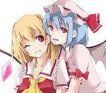  ascot bat_wings blonde_hair blue_hair fangs flandre_scarlet hat hat_ribbon multiple_girls no_hat no_headwear red_eyes remilia_scarlet ribbon short_hair siblings sisters touhou wings yuu_(genkai77) 