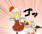  blonde_hair bullying cowering emphasis_lines flandre_scarlet fubuki_(ringdeng) hat highres kicking multiple_girls remilia_scarlet siblings sisters touhou wings 