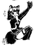  1girl :d animal_ears arms_up blush commentary elbow_gloves exptccoiff3wmok from_side gloves greyscale grin highres kemono_friends looking_at_viewer looking_to_the_side monochrome multicolored_hair necktie notice_lines pleated_skirt shirt short_hair short_sleeves simple_background sitting skirt skunk_ears skunk_girl skunk_tail smile solo spotted_skunk_(kemono_friends) tail thighhighs vest white_background 