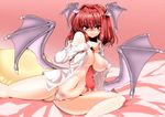  bare_shoulders bat_wings bed between_breasts blush breasts covered_nipples head_wings huge_breasts koakuma navel necktie necktie_between_breasts no_pants off_shoulder open_clothes open_shirt panties pubic_hair red_eyes red_hair red_neckwear shirt short_hair solo striped striped_panties tanaka_ginji touhou underwear white_shirt wings 
