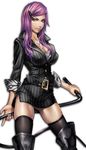  belt boots breasts cleavage formal hair_ornament hairclip highres jewelry large_breasts miniskirt nail_art nail_polish original pencil_skirt pink_nails pinstripe_suit purple_hair sadakage simple_background skindentation skirt skirt_suit solo striped suit thigh_boots thighhighs whip yellow_eyes 