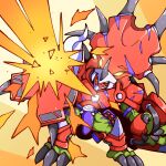  absurdres armor colored_skin commentary digimon digimon_(creature) dragon dual_wielding english_commentary full_body green_skin helmet highres holding holding_shield red_armor red_helmet sanjuro_art shield simple_background solo styracomon yellow_background yellow_eyes 