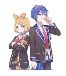  1boy 1girl :d aqua_eyes arm_at_side armband back-to-back belt black-framed_eyewear black_choker black_jacket black_pants black_skirt blonde_hair blue_eyes blue_hair blue_nails bow bowtie buttons choker closed_mouth collared_shirt colored_inner_hair commentary_request cropped_legs crossed_arms double-breasted double-parted_bangs frilled_armband frills glasses grey_belt grey_hair hair_between_eyes hair_bow hair_ornament high-waist_skirt highres jacket kagamine_rin kaito_(vocaloid) lapels long_sleeves looking_at_viewer miniskirt multicolored_hair multiple_belts nail_polish necktie notched_lapels open_clothes open_jacket open_mouth orange_armband orange_bow pants pleated_skirt polka_dot polka_dot_bow red_bow red_bowtie red_necktie school_uniform shirt short_hair simple_background skirt smile standing star_(symbol) star_button studded_choker suiso_sn3 swept_bangs tie_clip two-tone_hair unworn_eyewear vocaloid white_background white_shirt x_hair_ornament yellow_nails 