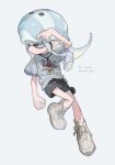  1girl 1n0chi black_eyes black_shorts blue_hair blue_helmet blunt_bangs boots clenched_hand closed_mouth commentary_request expressionless full_body grey_boots grey_shirt hand_on_headwear hand_up helmet highres inkling inkling_girl inkling_player_character long_hair looking_to_the_side pointy_ears ringed_eyes shirt short_sleeves shorts sidelocks solo splatoon_(series) striped_clothes striped_headwear t-shirt tentacle_hair white_helmet wide_sleeves 