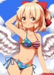  1girl arm_behind_head bikini blonde_hair blue_bikini blush bow breasts cleavage closed_mouth collarbone commentary_request cowboy_shot day feathered_wings gengetsu_(touhou) hair_bow halterneck highres looking_at_viewer medium_breasts navel outdoors print_bikini red_bikini red_bow reisen_udongein_inaba ruu_(tksymkw) short_hair side-tie_bikini_bottom smile solo star_(symbol) star_print star_print_bikini stomach striped_bikini striped_clothes swimsuit tan touhou touhou_(pc-98) white_wings wings yellow_eyes 
