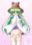  blush cosplay detached_sleeves green_hair groin hair_ornament hat kochiya_sanae long_hair moriya_suwako moriya_suwako_(cosplay) navel panties skirt skirt_lift snake solo stolas_(lemegeton) thighhighs touhou undersized_clothes underwear white_legwear yellow_eyes 