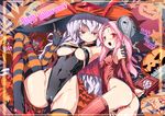  bad_id bad_pixiv_id black_leotard breasts cameltoe candy cape chainsaw covered_nipples elbow_gloves food gloves halloween happy_halloween hat highres hockey_mask homura_subaru jack-o'-lantern large_breasts leotard lollipop long_hair looking_at_viewer multiple_girls original pink_hair pumpkin red_eyes red_leotard striped striped_legwear thighhighs trick_or_treat white_hair witch_hat yuri 