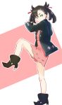  1girl absurdres asymmetrical_bangs black_hair black_jacket commentary_request dress earrings full_body green_eyes hair_ribbon highres jacket jewelry kawashow looking_at_viewer marnie_(pokemon) pink_dress pokemon pokemon_swsh red_ribbon ribbon solo standing standing_on_one_leg throwing twintails undercut 