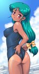  dark_skin green_hair swimsuit tan tanline tanuki_gakuen wedgie 