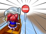  1girl boat chibi hair_bobbles hair_ornament highres jpeg_artifacts onozuka_komachi parody red_eyes red_hair road_sign scythe sign solo stop_sign terramaru touhou two_side_up water watercraft 