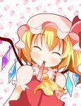  ^_^ blonde_hair closed_eyes flandre_scarlet food hat mouth_hold pocky ponytail short_hair side_ponytail solo takamoto_akisa touhou wings 