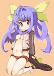  blue_hair bow breasts buruma buruma_pull dizzy groin guilty_gear hair_bow jacket kneehighs kneeling long_hair medium_breasts midriff navel nipples no_bra open_clothes open_jacket panties panty_pull randou red_eyes ribbon solo tail track_jacket twintails underwear wings 