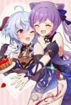  2girls 3sat0 ahoge bare_shoulders bell black_dress black_gloves blue_dress blue_hair breasts cake cleavage closed_eyes cone_hair_bun detached_sleeves double_bun dress food fork ganyu_(genshin_impact) ganyu_(twilight_blossom)_(genshin_impact) genshin_impact gloves gradient_clothes gradient_dress hair_bun hair_ears hair_ornament highres horns keqing_(genshin_impact) keqing_(opulent_splendor)_(genshin_impact) long_hair medium_breasts multiple_girls neck_bell official_alternate_costume official_alternate_hairstyle one_eye_closed pearl_hair_ornament purple_eyes purple_hair see-through_cleavage see-through_clothes sideless_dress smile strapless strapless_dress twintails 