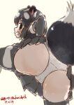  1girl animal_ears ass black_eyes black_gloves black_hair black_skirt black_tail black_thighhighs black_vest commentary_request dated from_behind gloves grin hand_on_own_ass kemono_friends leg_lift looking_at_viewer looking_back multicolored_hair nakashi_masakumi panties short_hair simple_background skirt skunk_ears skunk_girl skunk_tail smile solo spotted_skunk_(kemono_friends) tail thighhighs twitter_username two-tone_tail underwear vest white_hair white_panties white_tail yellow_background 