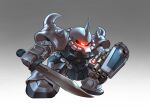  absurdres chibi chinese_commentary commentary_request full_body glowing glowing_eye gouf_custom grey_background gundam gundam_08th_ms_team highres holding holding_sword holding_weapon making-of_available mecha mecha_focus mobile_suit no_humans one-eyed red_eyes robot science_fiction shoulder_spikes spikes standing sword weapon zakuma 