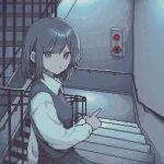  1girl asleep_onthebed black_hair closed_mouth collared_shirt dithering highres indoors long_sleeves medium_hair original pixel_art pleated_skirt pointing shirt skirt solo stairs stairwell sweater_vest white_shirt 