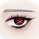  1girl arlecchino_(genshin_impact) artist_name bags_under_eyes black_eyes close-up commentary english_commentary eye_focus eyelashes genshin_impact highres kuraedo looking_at_viewer red_pupils solo symbol-shaped_pupils twitter_username x-shaped_pupils 