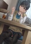  1girl bed bedroom black_hair black_panties black_thighhighs blue_bow blue_bowtie bow bowtie cameltoe collared_shirt commentary_request cup curtains cushion drinking_glass drinking_straw feet highres holding holding_pen iced_tea indoors looking_at_viewer no_legwear no_shoes original panties pen pillow ruien_(wu_jui-en) school_uniform shirt sleeves_rolled_up soles solo sweater_vest table thighhighs toes underwear variant_set white_shirt wooden_table yellow_sweater_vest yukishima_momo zabuton 