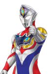  1boy absurdres alien armor asymmetrical_armor blue_skin breastplate clenched_hand color_timer colored_skin commentary compound_eyes cowboy_shot crystal dorsal_fin english_commentary forehead_jewel giant giant_male glowing glowing_eyes hand_up highres looking_at_viewer male_focus multicolored_skin neo_phantom no_pupils outstretched_arm pectorals red_skin shoulder_armor silver_skin simple_background solo thumbs_up tokusatsu toned toned_male ultra_series ultraman_decker ultraman_decker_(flash_type) ultraman_decker_(series) white_background white_eyes wrinkled_skin 