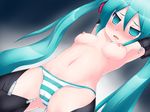  armpits arms_up blush breasts green_eyes green_hair hatsune_miku hatsune_miku_(append) highres long_hair navel nipples open_mouth orebelt panties small_breasts solo striped striped_panties thighhighs topless twintails underwear very_long_hair vocaloid vocaloid_append 