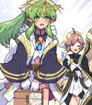  1boy 2girls animal_ears belt black_sleeves blush boris_(noborhys) brown_eyes brown_hair circlet collar commentary_request cowlick dot_nose dress fire_emblem fire_emblem:_mystery_of_the_emblem fire_emblem_heroes gloves glowing_ears glowing_tail green_eyes green_hair hat highres holding_case jewelry kiran_(fire_emblem) long_hair long_sidelocks long_sleeves male_kiran_(fire_emblem) multiple_girls necklace nurse official_alternate_costume one_eye_closed open_mouth pink_dress pointy_ears ratatoskr_(fire_emblem) ribbon short_dress sidelocks squirrel_ears squirrel_girl squirrel_tail tail thighs tiara tiki_(fire_emblem) tiki_(young)_(fire_emblem) tiki_(young)_(legendary_dragon)_(fire_emblem) white_dress white_gloves white_ribbon wide_sleeves 