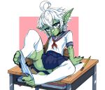 ambiguous_gender anus bandage blue_eyes book bottomwear candy chastity_device clothed clothing dessert feet female food foot_focus footwear genitals goblin green_body green_skin gum hair humanoid job_application koud3x legwear lips male markings messenger_bag nails panties panties_down partially_clothed pencil school_uniform shoes skirt snowflake solo stripes taigaxholic tape thigh_highs toes underskirt underwear underwear_down uniform white_hair