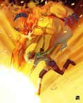  absurdres boots fiery_hair fire gradient_hair highres horns ifrit_(tales) multicolored_hair nanaya_(daaijianglin) orange_(color) orange_background pascal punching red_hair scarf tales_of_(series) tales_of_graces white_hair 
