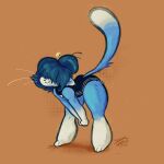 1:1 2020 3_toes :3 accessory anthro barefoot bent_over biped blue_body blue_fur blue_hair clothing dipstick_tail feet felid femboy full-length_portrait fur gigaseraph gloves_(marking) hair hair_accessory hair_bun hair_over_eyes hairpin hi_res leg_markings long_tail male mammal markings multicolored_body multicolored_fur one-piece_swimsuit orange_background pear-shaped_figure portrait raised_tail signature simple_background smile socks_(marking) solo swimwear tail tail_markings thick_calves thick_thighs three-quarter_view toes two_tone_body two_tone_fur whiskers white_body white_fur wide_hips zigstripes_(character)