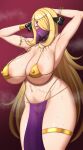  1girl alternate_breast_size alternate_eye_color areola_slip armlet armpits bikini blonde_hair circlet covered_nipples curvy cynthia_(pokemon) dancer gold gold_bikini gold_bracelet gold_choker hair_ornament heavy_breathing highres jewelry long_hair looking_at_viewer micro_bikini navel neck_ring parted_lips pelvic_curtain pokemon pokemon_(game) pokemon_dppt red_background red_eyes solo stomach strap_gap sweat swimsuit tanaken thighlet thighs very_long_hair wide_hips 