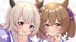  2girls :d absurdres animal_ears ao_(flowerclasse) bangs blue_shirt blush bow brown_eyes brown_hair closed_mouth commentary_request curren_chan_(umamusume) ear_bow grey_hair hair_between_eyes hair_bow hand_up highres horse_ears looking_at_viewer multiple_girls petals pink_bow purple_bow purple_eyes red_bow school_uniform shirt smart_falcon_(umamusume) smile tracen_school_uniform umamusume white_background yellow_bow 