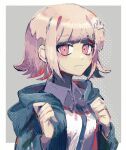  1girl arare_(op_ed_000) asa_me_daiki bangs black_jacket breasts brown_hair collared_shirt commentary_request danganronpa_(series) danganronpa_2:_goodbye_despair dress_shirt galaga grey_background hair_ornament highres hood hood_down hooded_jacket jacket medium_breasts nanami_chiaki neck_ribbon open_clothes open_jacket pink_eyes pink_ribbon ribbon shiny shiny_hair shirt smile solo upper_body white_shirt 