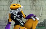  2022 3d_(artwork) anthro armwear bandai_namco bedroom_eyes big_breasts blue_eyes breasts chest_tuft clothed clothing detailed_background digimon digimon_(species) digital_media_(artwork) female fur fur_markings hi_res karouart looking_at_viewer markings narrowed_eyes pinup pose renamon rubber rubber_clothing seductive side_boob signature sitting solo symbol tuft widescreen 