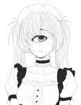  1girl azen_(mntimcczgrtn) cyclops greyscale highres long_hair looking_at_viewer maid maid_headdress monochrome one-eyed original parted_lips puffy_short_sleeves puffy_sleeves short_sleeves simple_background solo twintails white_background 