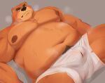  2022 anthro belly big_belly black_nose brown_body bulge clothing hi_res kemono lying male mammal moobs musclegut musk navel nipples nurirast overweight overweight_male solo underwear ursid 