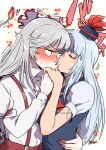  2girls aq_sipd bangs blue_hair blush bow closed_eyes dress fujiwara_no_mokou hair_bow hair_ribbon kamishirasawa_keine kiss long_hair long_sleeves multiple_girls red_eyes ribbon shirt short_sleeves suspenders touhou very_long_hair white_hair yuri 