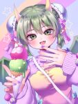 1girl :d azen_(mntimcczgrtn) bow breasts bun_cover cleavage double_bun draco_centauros fang green_eyes green_hair hair_bow hair_bun hands_up highres holding_ice_cream horns long_sleeves looking_at_viewer multicolored_nails open_mouth pink_bow pink_nails pointy_ears purple_nails puyopuyo puyopuyo_quest shrug_(clothing) smile solo wings 