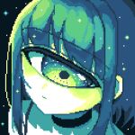  1girl azen_(mntimcczgrtn) bangs black_background black_choker blunt_bangs choker collarbone cyclops expressionless foreshortening green_eyes green_hair green_theme limited_palette looking_at_viewer one-eyed original pixel_art portrait sidelocks simple_background solo sparkle upper_body 