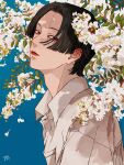  1boy bishounen black_eyes black_hair blue_background branch breast_pocket closed_mouth collared_shirt commentary dress_shirt flower from_side highres kagoya1219 leaf looking_at_viewer looking_to_the_side male_focus original parted_hair partially_unbuttoned plant_request pocket portrait shirt short_hair signature solo stray_hair upper_body white_flower white_shirt 