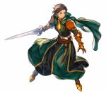  1girl armor armored_boots belt black_hair black_sleeves boots brown_eyes cape dojen elbow_pads final_fantasy final_fantasy_tactics full_body green_cape highres holding holding_sword holding_weapon long_skirt meliadoul_tengille short_hair shoulder_pads skirt solo sword weapon white_background yellow_armor 