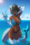  1girl absurdres ahoge beach bikini black_hair blue_bikini blue_eyes blue_sky breasts cameltoe cocktail cocktail_glass cup dark-skinned_female dark_skin day distr dragon_tail drinking_glass elbow_gloves gloves hair_between_eyes hands_up highleg highleg_bikini highres holding horns large_breasts looking_at_viewer monster_girl multiple_horns navel ocean original outdoors platinum_dragon_girl_(distr) signature sky smile solo standing sun swimsuit tail thighhighs wading white_gloves white_thighhighs 