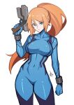  1girl absurdres blonde_hair blue_bodysuit blue_eyes bodysuit bracelet cameltoe closed_mouth contrapposto covered_navel distr gun hand_up handgun highres holding holding_gun holding_weapon jewelry looking_at_viewer metroid mole mole_under_mouth ponytail samus_aran signature simple_background solo standing weapon white_background zero_suit 