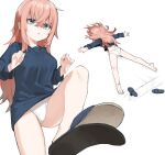  1girl bags_under_eyes barefoot blue_eyes face_down faceplant fallen_down hair_between_eyes komaro-chan leg_lift long_hair long_sleeves lying muchi_maro muchimaro-chan multiple_views no_panties on_stomach outstretched_arms panties parted_lips pink_hair seitokai_nimo_anawa_aru! shirt slippers slippers_removed spread_arms sweatdrop underwear white_panties 