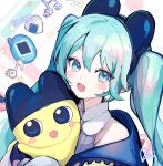  +_+ 1girl 1other absurdres aqua_eyes aqua_hair bare_shoulders blue_jacket blush_stickers colored_skin copyright_name hatsune_miku highres jacket looking_at_viewer mametchi musical_note off_shoulder open_mouth pipi_(pipinavigation) shirt sidelocks signature simple_background sleeveless sleeveless_shirt smile tamagotchi tamagotchi_(virtual_pet) twintails upper_body virtual_pet_(toy) vocaloid white_background white_shirt yellow_skin 