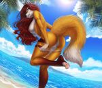 2022 4_toes 5_fingers amur anthro beach bikini bikini_bottom black_nose breasts butt canid canine clothing fangs feet female fingers fox fur genitals hair hindpaw humanoid_hands long_hair looking_at_viewer looking_back looking_back_at_viewer mammal multicolored_body multicolored_fur nipples nude open_mouth open_smile orange_body orange_fur pawpads paws pink_pawpads pussy raised_tail red_hair sea seaside smile solo swimwear teeth toes two_tone_body two_tone_fur undressing water white_body white_fur 