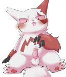  balls blush bodily_fluids claws cum cum_on_claws cum_on_hand cum_on_penis cum_string doneru erection fluffy fluffy_tail fur generation_3_pokemon genital_fluids genitals hi_res looking_down male multicolored_body multicolored_fur nintendo pawpads penis pokemon pokemon_(species) red_body red_fur simple_background sitting solo tapering_penis tongue tongue_out video_games white_background white_body white_fur zangoose 